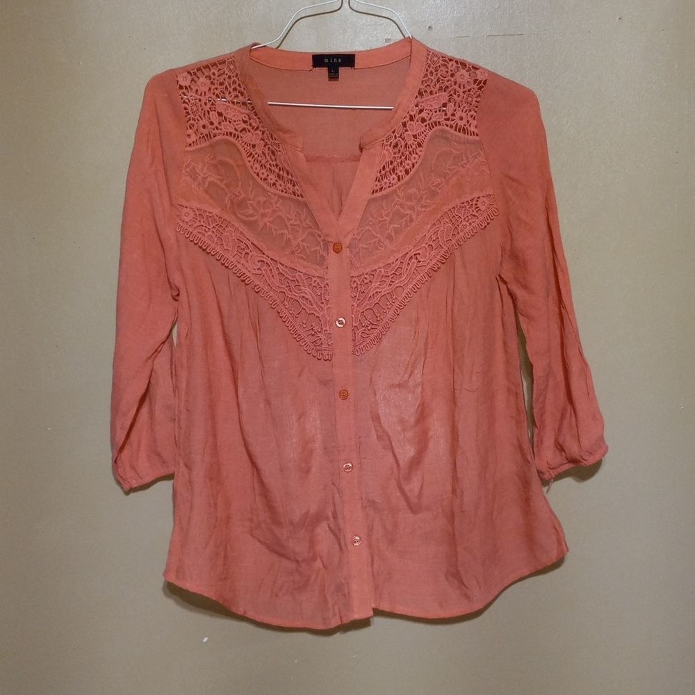 MINE apricot rayon polyester, LACE glistening v-neck top, sz L